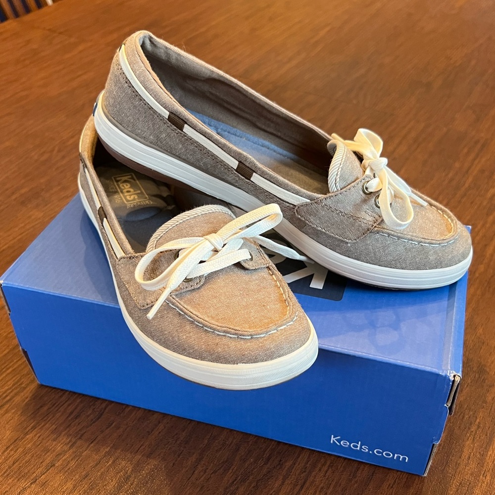 Keds Ortholite Glimmer Chambray Walnut boat shoes